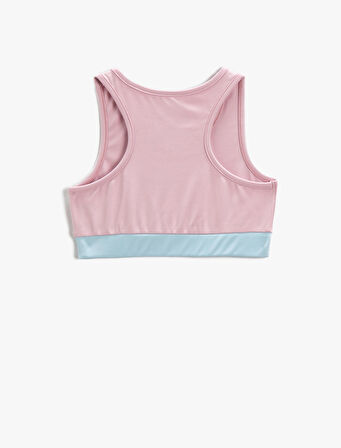 Crop Spor Atlet Baskılı Renk Bloklu Yuvarlak Yaka
