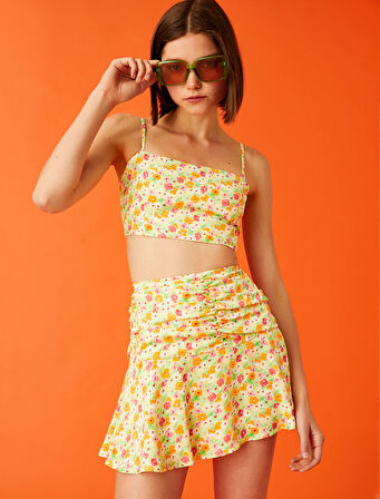 Çiçekli Büzgülü Etek