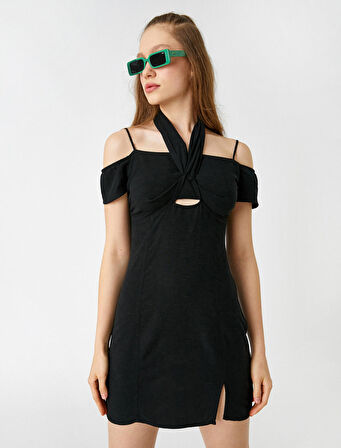 Mini Elbise Omzu Açık Yırtmaçlı Pencere Detaylı Keten Karışımlı