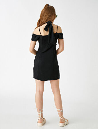 Mini Elbise Omzu Açık Yırtmaçlı Pencere Detaylı Keten Karışımlı