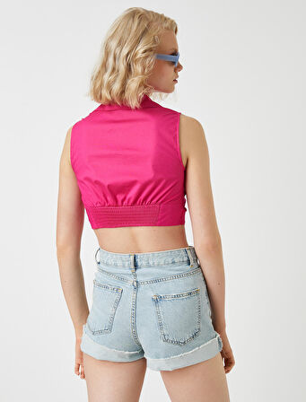 Crop Poplin Bluz Kolsuz Büzgülü Polo Yaka 