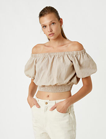 Omzu Açık Crop Bluz Beli Lastikli Keten Karışımlı