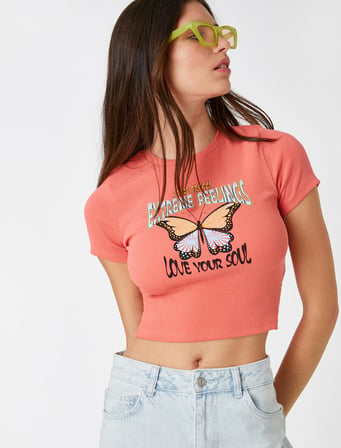 Baskılı Crop Tişört Bisiklet Yaka
