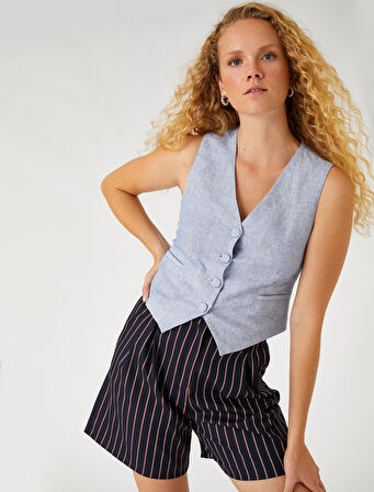 Keten Karışımlı Cepken Yelek