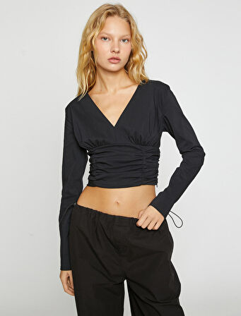 Crop Bluz V Yaka Büzgülü