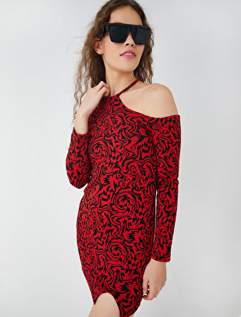 Pencere Detaylı Mini Elbise Halter Yaka
