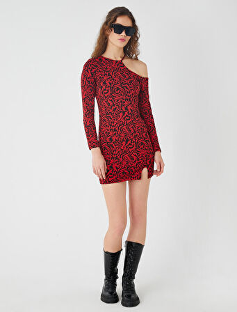 Pencere Detaylı Mini Elbise Halter Yaka