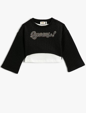 Crop Sweatshirt Uzun Geniş Kollu Renk Kontrastlı Bisiklet Yaka