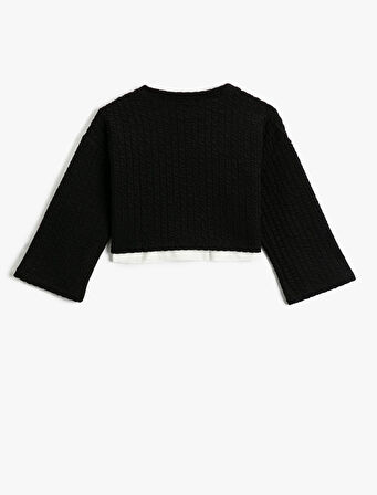 Crop Sweatshirt Uzun Geniş Kollu Renk Kontrastlı Bisiklet Yaka