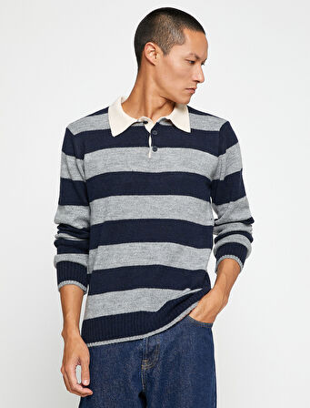 Basic Triko Kazak Polo Yaka Düğme Detaylı