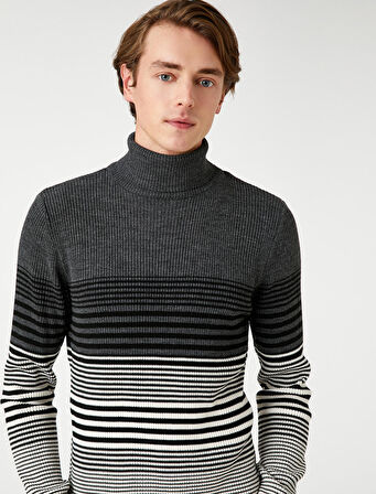 Basic Triko Kazak Balıkçı Yaka Renk Bloklu Dar Kesim