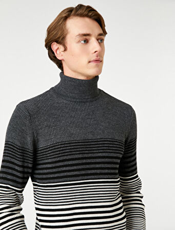 Basic Triko Kazak Balıkçı Yaka Renk Bloklu Dar Kesim