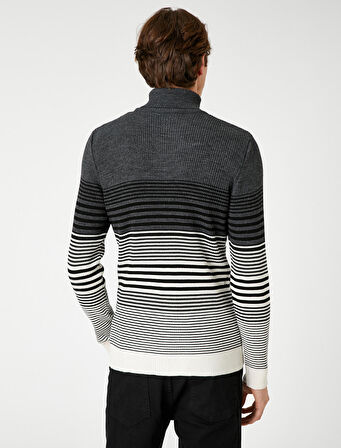 Basic Triko Kazak Balıkçı Yaka Renk Bloklu Dar Kesim