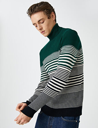 Basic Triko Kazak Balıkçı Yaka Renk Bloklu Dar Kesim