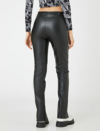 Deri Görünümlü Tayt Paçaları Yırtmaç Detaylı Nervürlü