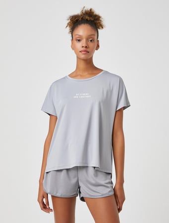 Oversize Spor Tişört Slogan Baskılı Kayık Yaka