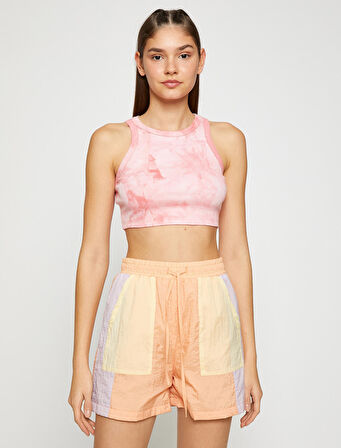 Crop Sporcu Tişört Batik Görünümlü Halter Yaka Pamuklu