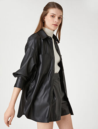 Suni Deri Gömlek Ceket Cepli Düğmeli