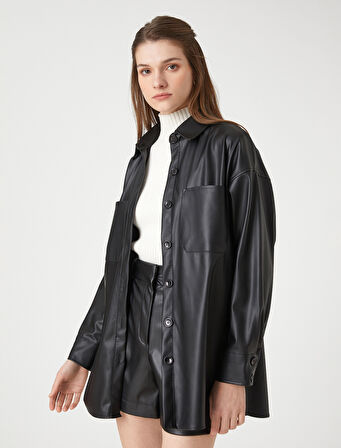 Suni Deri Gömlek Ceket Cepli Düğmeli