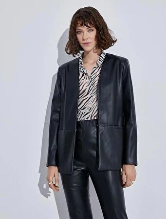 Kadın Giyim Deri Görünümlü Blazer Ceket 3SAK50019UW Siyah