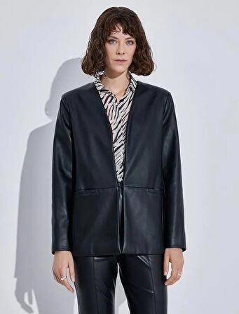 Kadın Giyim Deri Görünümlü Blazer Ceket 3SAK50019UW Siyah