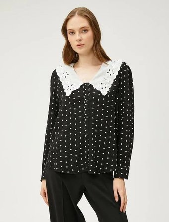 Kadın Giyim Brode Yaka Oversize Gömlek 3SAK60035UW Siyah Desenli