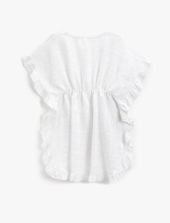 Dokulu Kimono V Yaka Beli Büzgülü Kolları Fırfırlı Püskül Detaylı