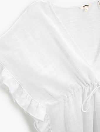Dokulu Kimono V Yaka Beli Büzgülü Kolları Fırfırlı Püskül Detaylı