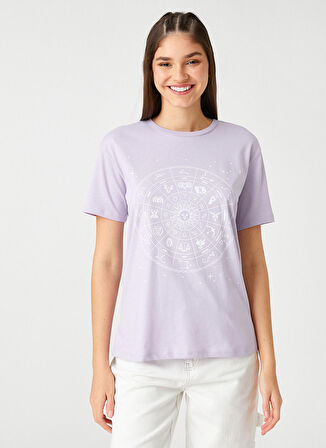 Koton Bisiklet Yaka Desenli Lila Kadın T-Shirt 3SAL10066IK