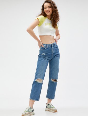 Yüksek Bel Straight Jean Kot Pantolon Yırtık Düz Paça- Eve Jeans