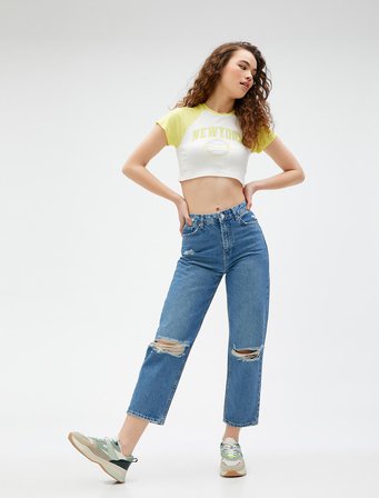 Yüksek Bel Straight Jean Kot Pantolon Yırtık Düz Paça- Eve Jeans