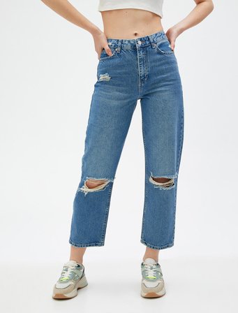 Yüksek Bel Straight Jean Kot Pantolon Yırtık Düz Paça- Eve Jeans