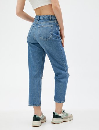 Yüksek Bel Straight Jean Kot Pantolon Yırtık Düz Paça- Eve Jeans