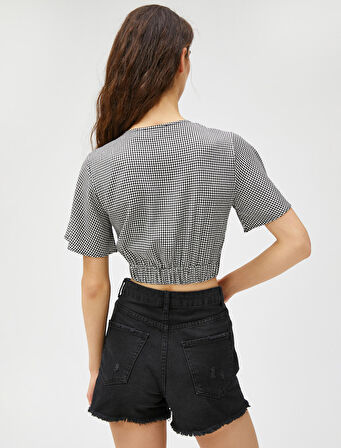 Crop Bluz V Yaka Pencere Detaylı V Yaka