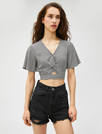 Crop Bluz V Yaka Pencere Detaylı V Yaka