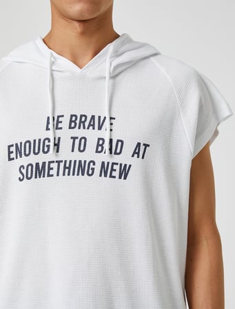 Basic Kapşonlu Spor Oversize Tişört Slogan Baskılı Kolsuz