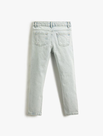 Kot Pantolon Yıpratılmış Detaylı Pamuklu Cepli - Slim Jean  Beli Ayarlanabilir Lastikli