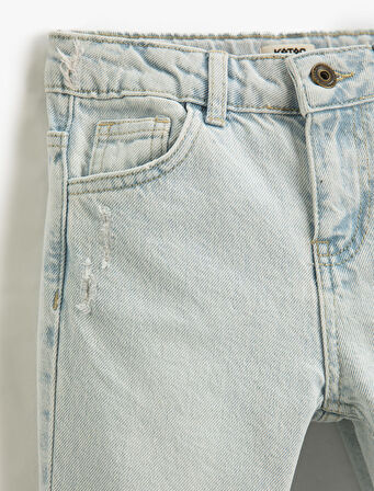 Kot Pantolon Yıpratılmış Detaylı Pamuklu Cepli - Slim Jean  Beli Ayarlanabilir Lastikli