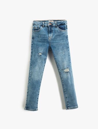 Kot Pantolon Yıpratılmış Detaylı Pamuklu Cepli - Slim Jean  Beli Ayarlanabilir Lastikli