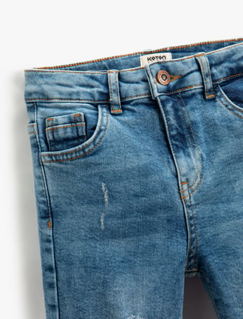 Kot Pantolon Yıpratılmış Detaylı Pamuklu Cepli - Slim Jean  Beli Ayarlanabilir Lastikli