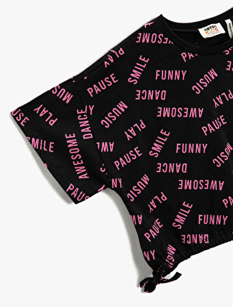 Crop Oversize Tişört Kısa Kollu Baskılı Yanları Fiyonk Detaylı Bisiklet Yaka