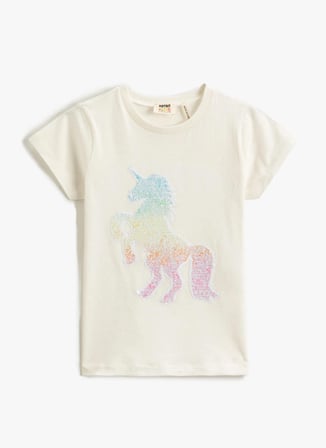 Koton Desenli Kırık Beyaz Kız Çocuk T-Shirt 3SKG10053AK
