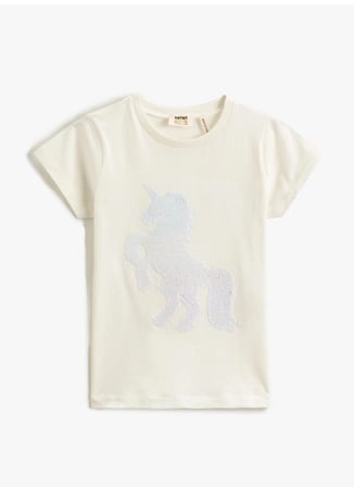 Koton Desenli Kırık Beyaz Kız Çocuk T-Shirt 3SKG10053AK