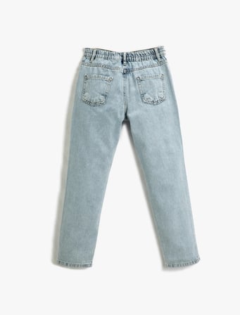 Kot Pantolon Beli Lastikli Cepli Düz Paça - Boyfriend Jean
