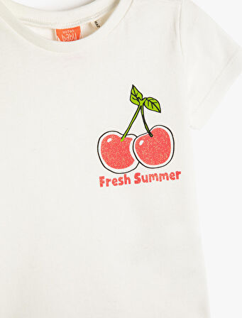 Tişört Kısa Kollu Yuvarlak Yaka Kiraz Baskılı Pamuklu