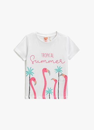 Koton Beyaz Kız Bebek Bisiklet Yaka Kısa Kollu Baskılı T-Shirt 3SMG10014AK