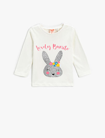 Tavşan Baskılı Pamuklu Tişört Parıltılı Uzun Kollu Bisiklet Yaka 