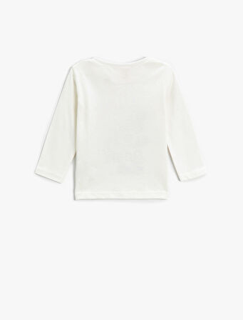 Tavşan Baskılı Pamuklu Tişört Parıltılı Uzun Kollu Bisiklet Yaka 