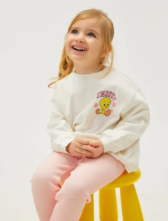 Tweety Sweatshirt Lisanslı Uzun Kollu Bisiklet Yaka Pamuklu