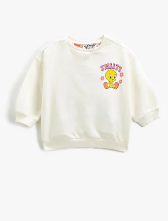 Tweety Sweatshirt Lisanslı Uzun Kollu Bisiklet Yaka Pamuklu